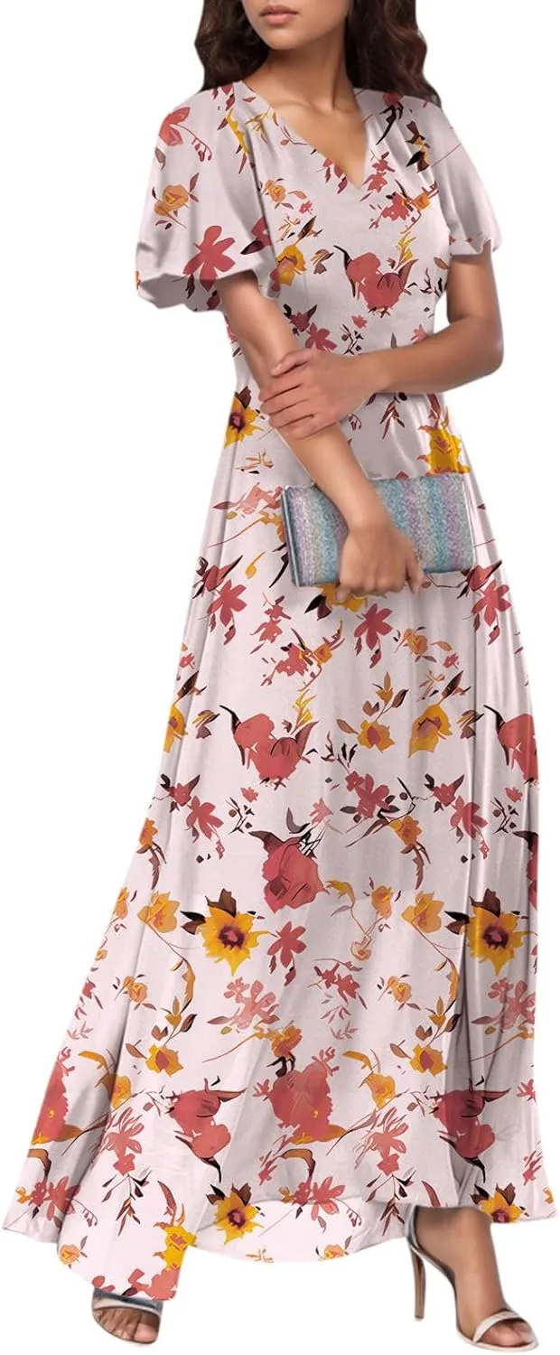 Women's Floral Print V Neck Ruffle Cap Sleeve Ruffle Hem Flowy Dress Boho High Waist Dresses for Women 2025