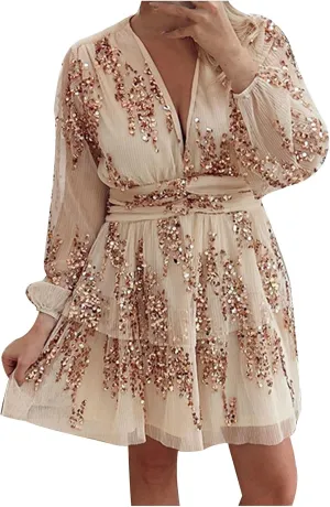 Women's Formal Dresses 2024 Summer Trendy Long Sleeve Lace Ruffle Layered Swing Short Mini Sundress with Pockets