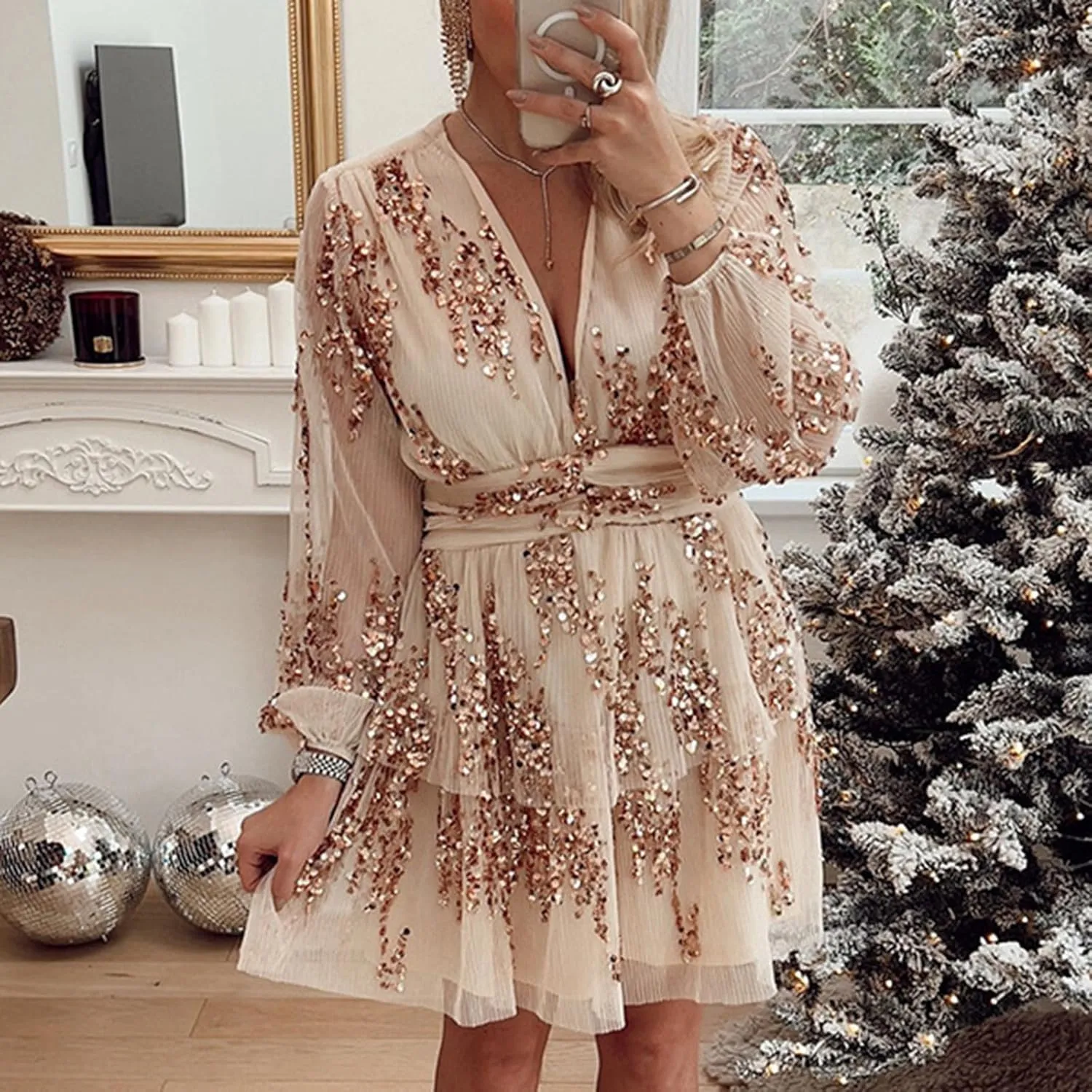 Women's Formal Dresses 2024 Summer Trendy Long Sleeve Lace Ruffle Layered Swing Short Mini Sundress with Pockets