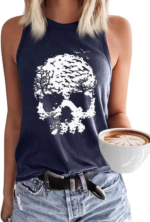 Womens Funny Skull Graphic Tank Tops Skeleton Funny Gothic Graphic Casual Sleeveless Shirts Novelty Horror Tee Tops