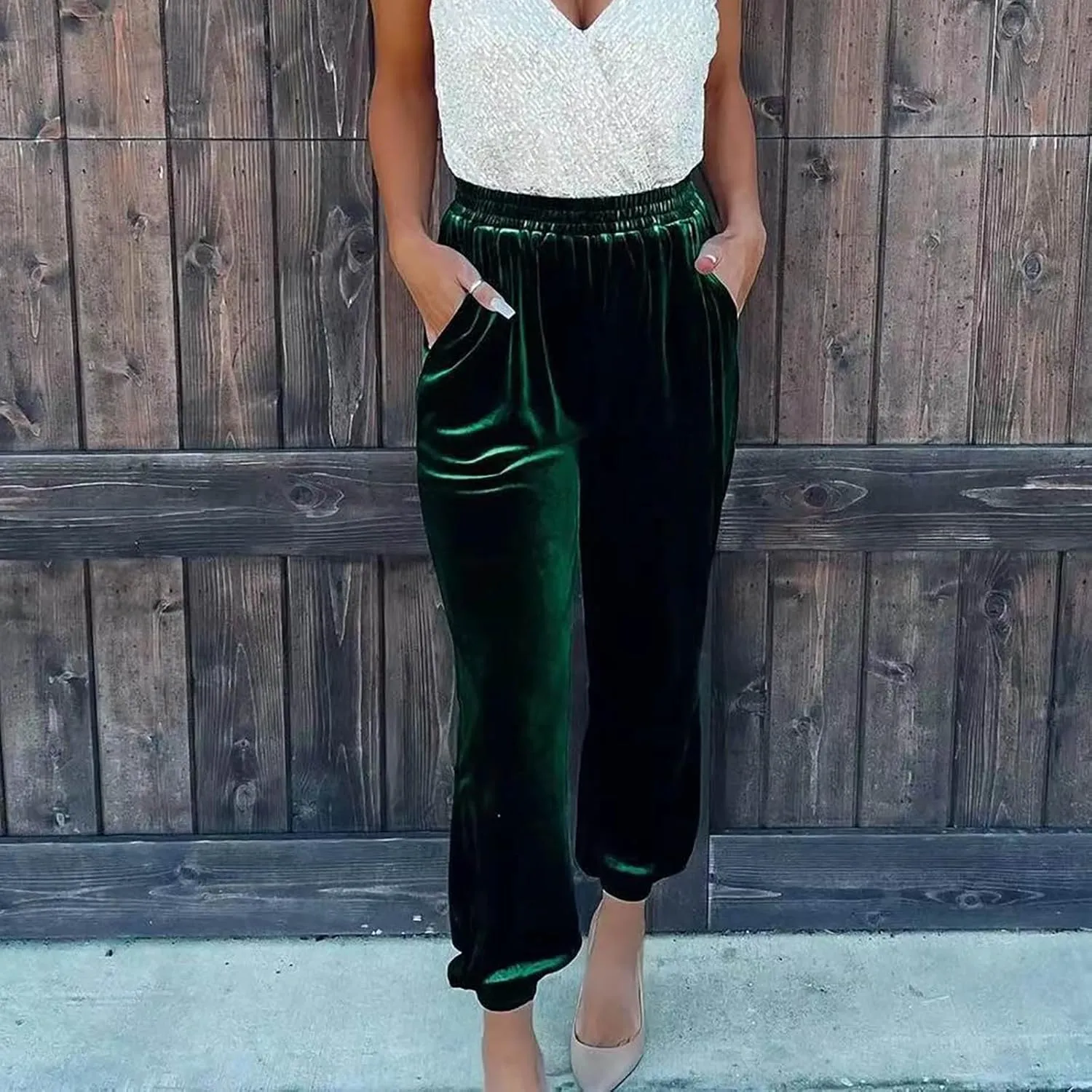 Women's Golden Velvet Harem Pants High Waist Yoga Trousers Casual Track Cuff Stretch Trousers with Pockets