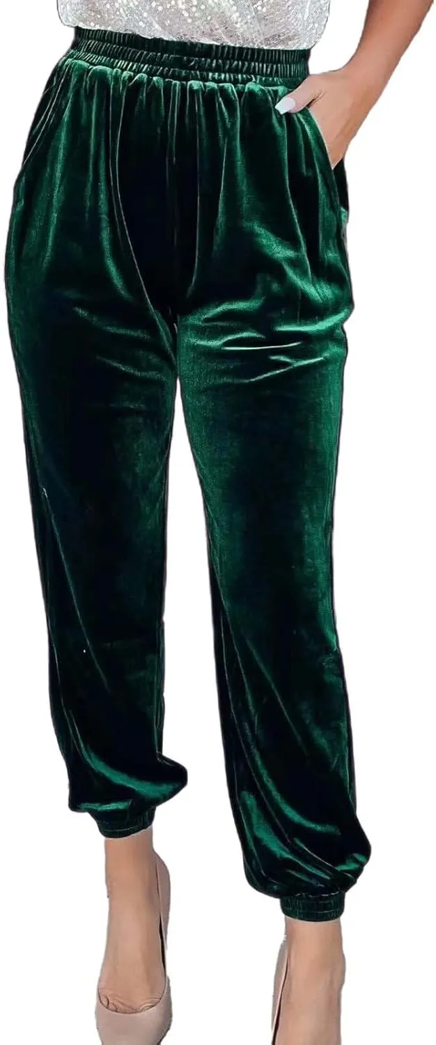 Women's Golden Velvet Harem Pants High Waist Yoga Trousers Casual Track Cuff Stretch Trousers with Pockets