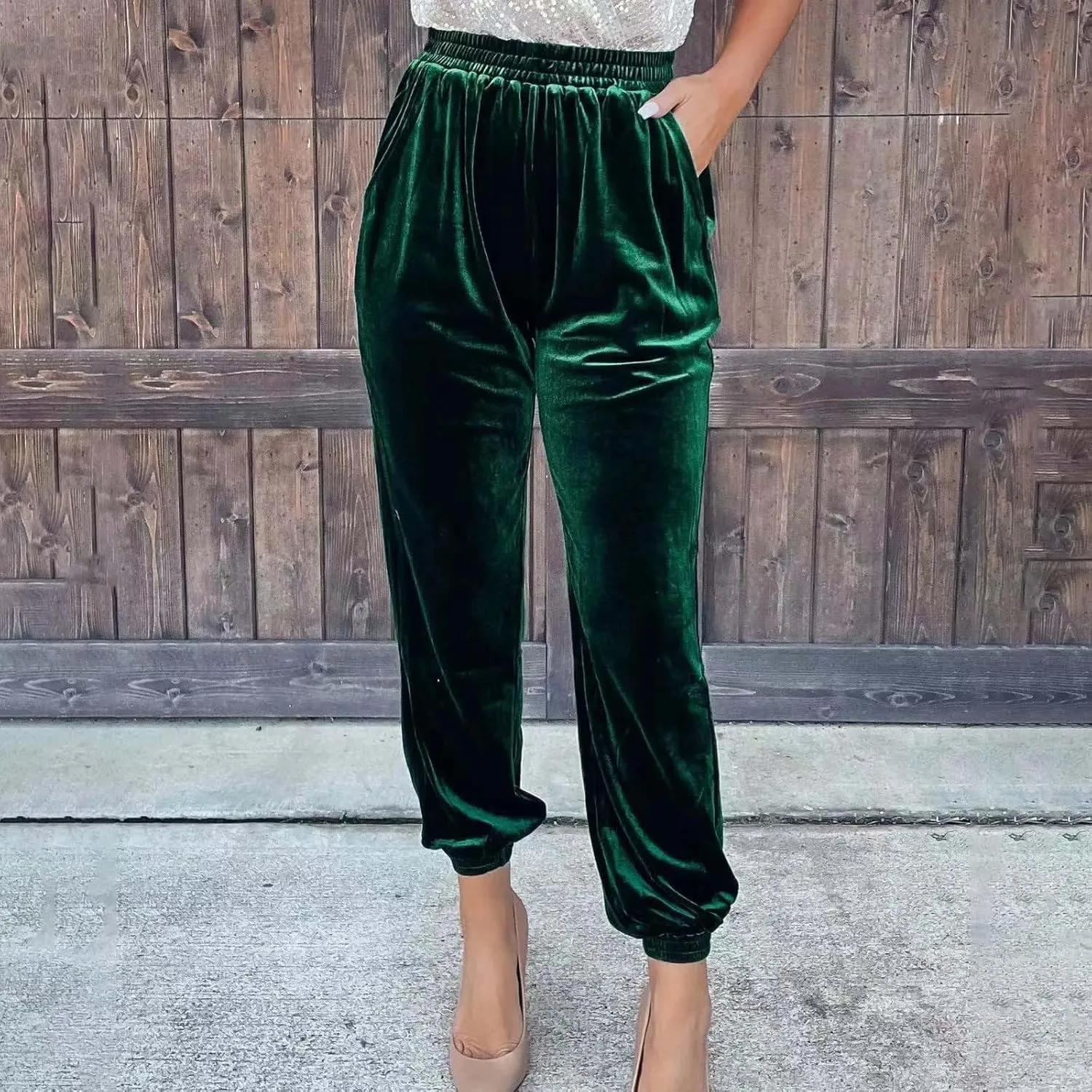 Women's Golden Velvet Harem Pants High Waist Yoga Trousers Casual Track Cuff Stretch Trousers with Pockets