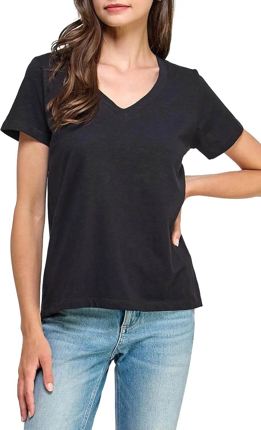 Women's GOTS Certified 100% Organic Cotton Slub V-Neck T Shirt Short Sleeve Tee Tops