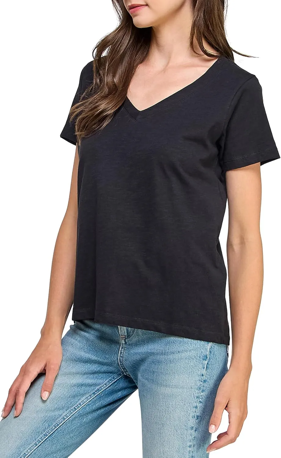 Women's GOTS Certified 100% Organic Cotton Slub V-Neck T Shirt Short Sleeve Tee Tops