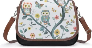 Women's Handbag Cute Owls Perched On Tee Branches Satchel Bag Leather Crossbody Bag Waterproof Messenger Bag