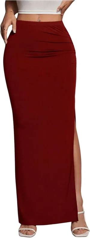 Women's High Waist Maxi Skirt Ruched Side Split Thigh Elegant Bodycon Long Skirts
