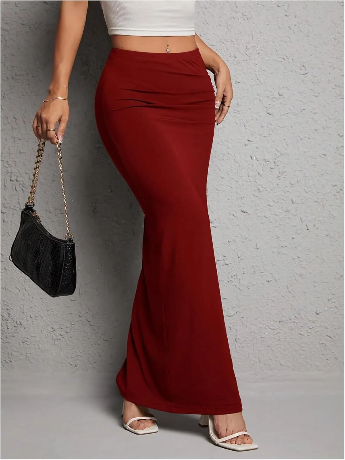Women's High Waist Maxi Skirt Ruched Side Split Thigh Elegant Bodycon Long Skirts