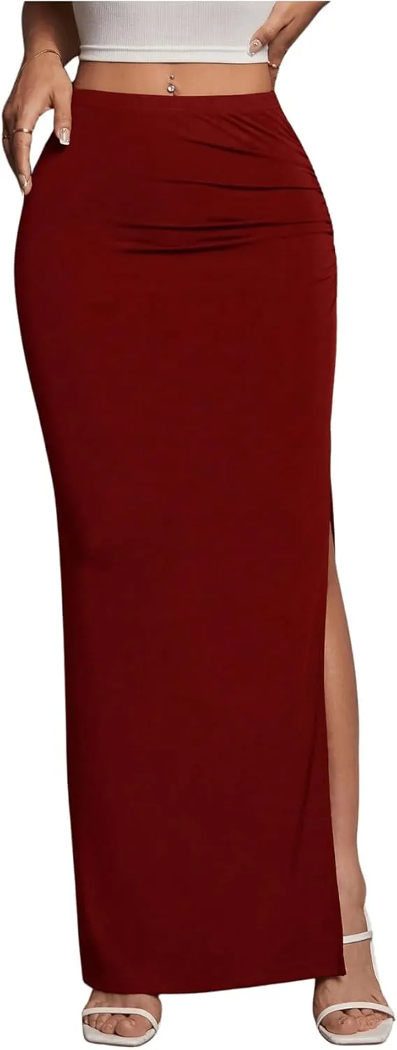 Women's High Waist Maxi Skirt Ruched Side Split Thigh Elegant Bodycon Long Skirts