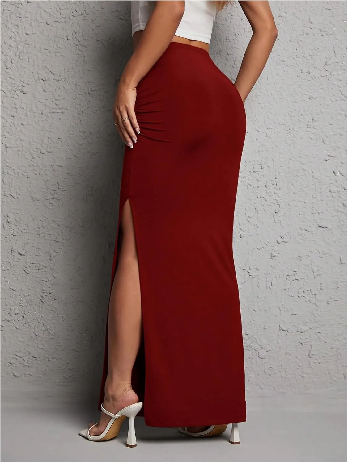 Women's High Waist Maxi Skirt Ruched Side Split Thigh Elegant Bodycon Long Skirts