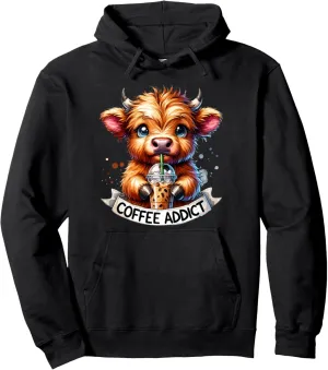 Women's Highland Cow Shirt Coffee Addict Cute Gifts Pullover Hoodie