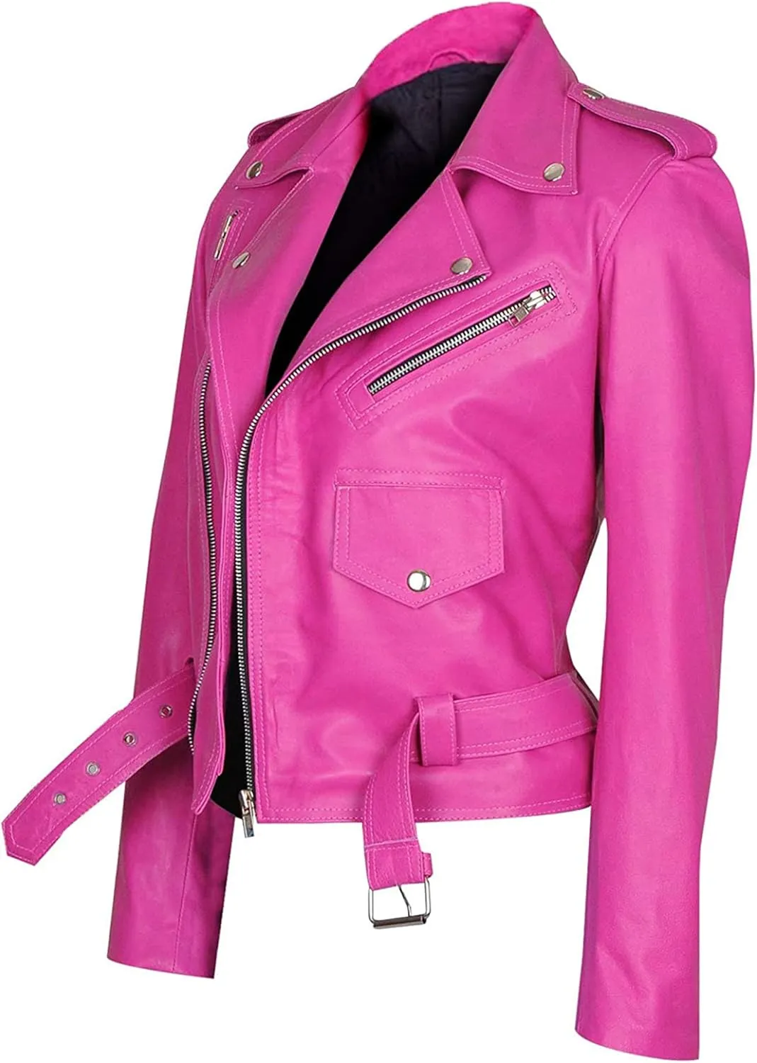 Women's Hot Pink Leather Jacket - Casual Fashion Cute Pink Lambskin Leather Jacket for Women