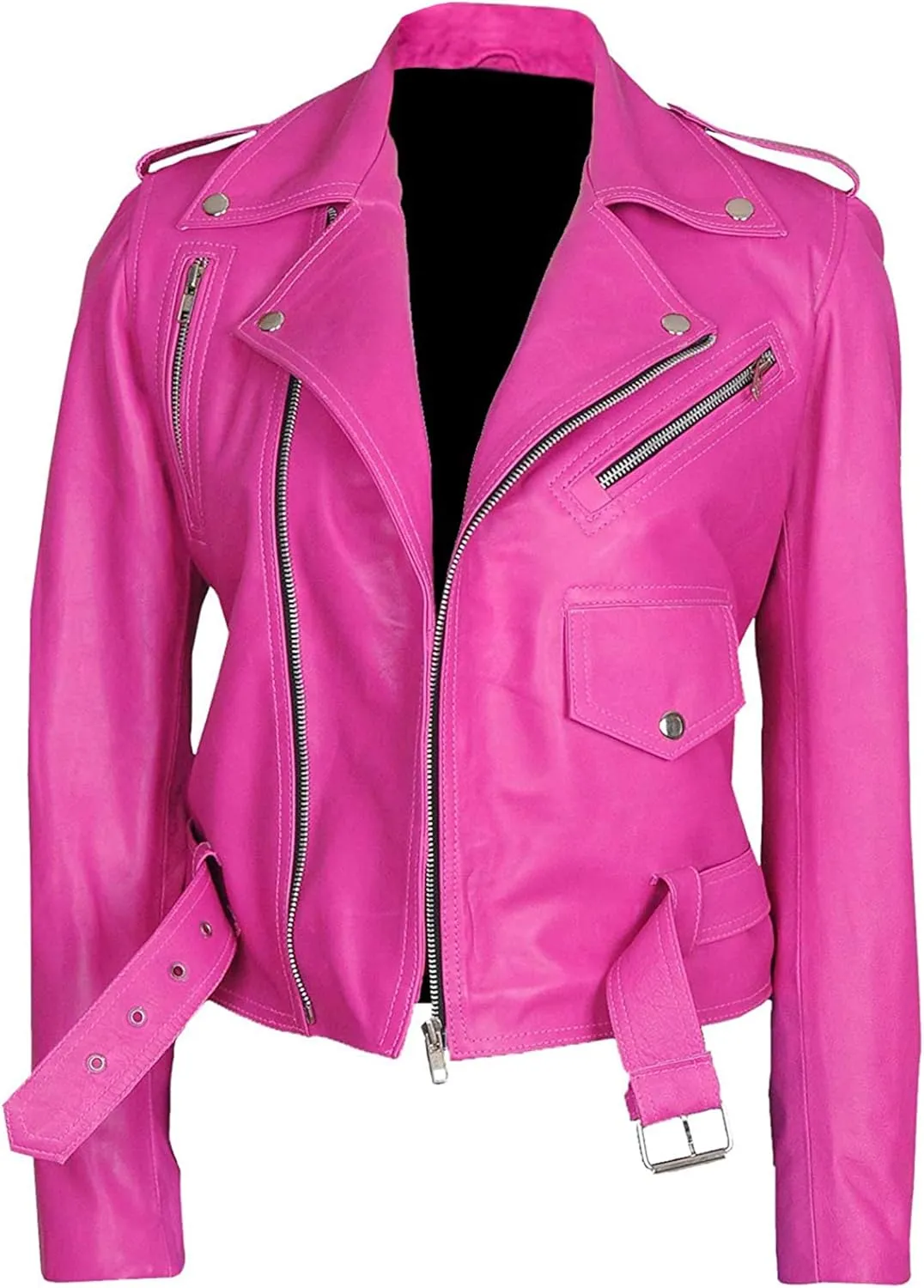 Women's Hot Pink Leather Jacket - Casual Fashion Cute Pink Lambskin Leather Jacket for Women