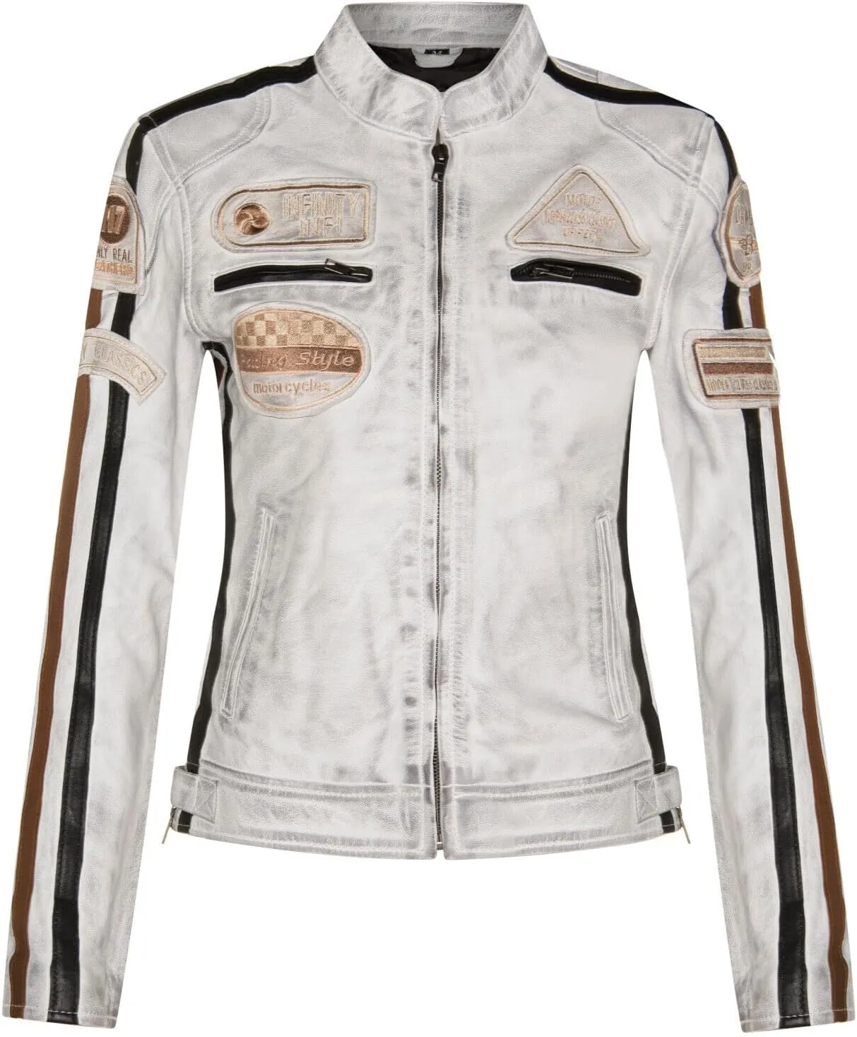 Womens Leather Biker Casual Racing Moto Badges Jacket