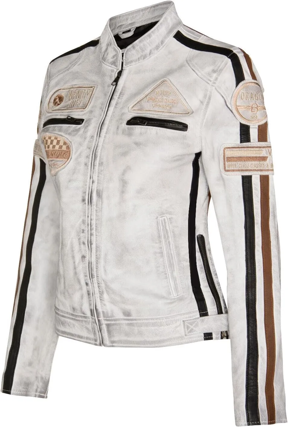 Womens Leather Biker Casual Racing Moto Badges Jacket