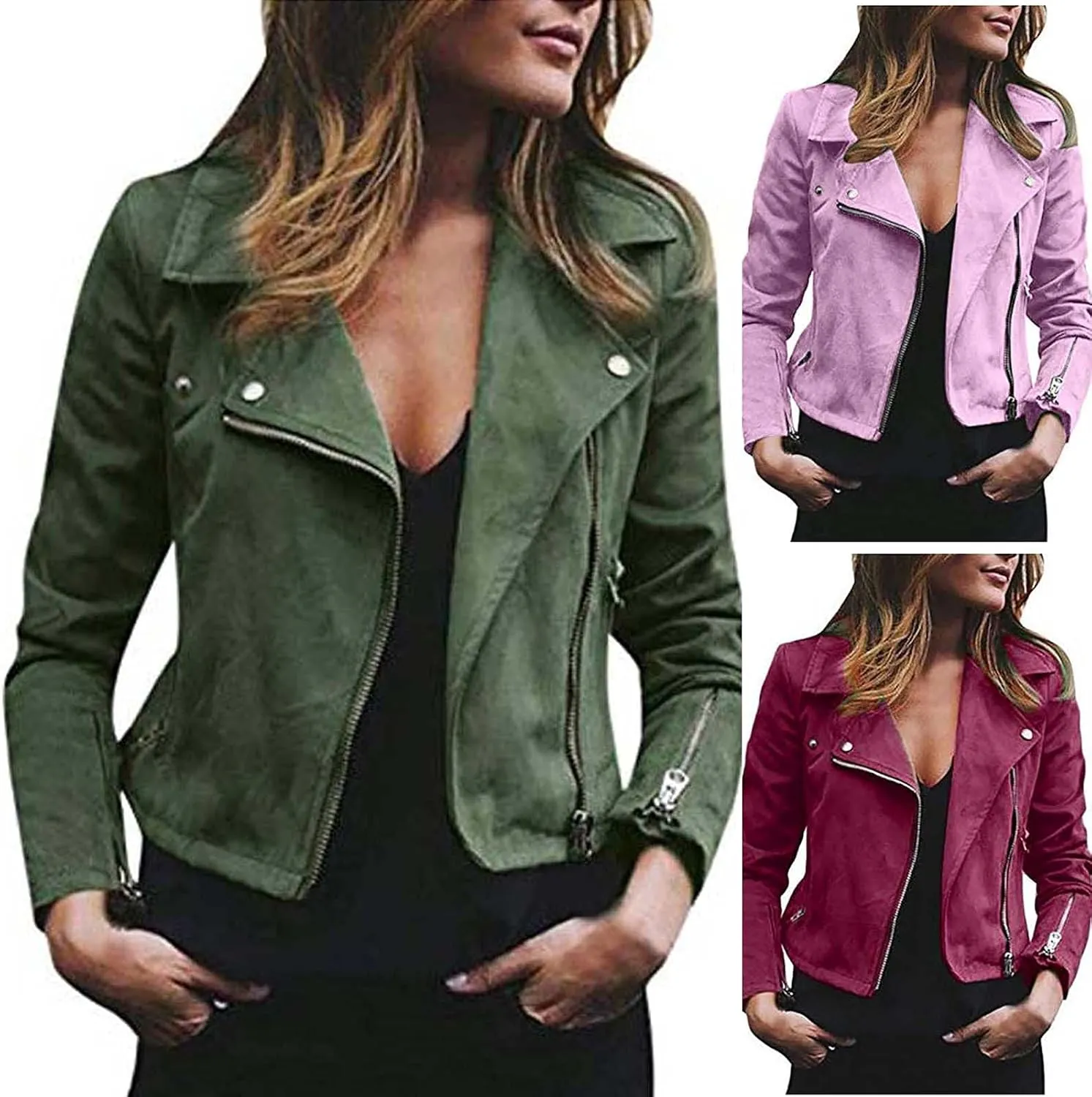 Women's Leather Jackets Solid Open Front Cardigan Lapel Long Sleeve Lightweight Coat Zipper Cropped Jacket