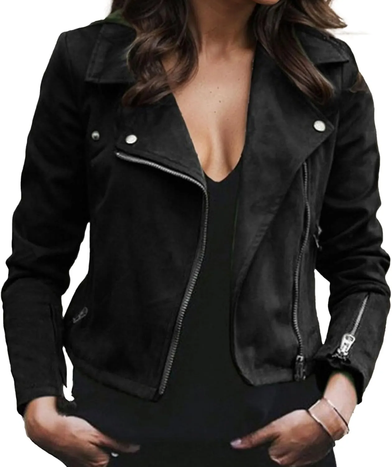 Women's Lightweight Suede Motorcycle Jacket Casual Asymmetrical Zip-up Cropped Faux Leather Fitted Coats Outerwear