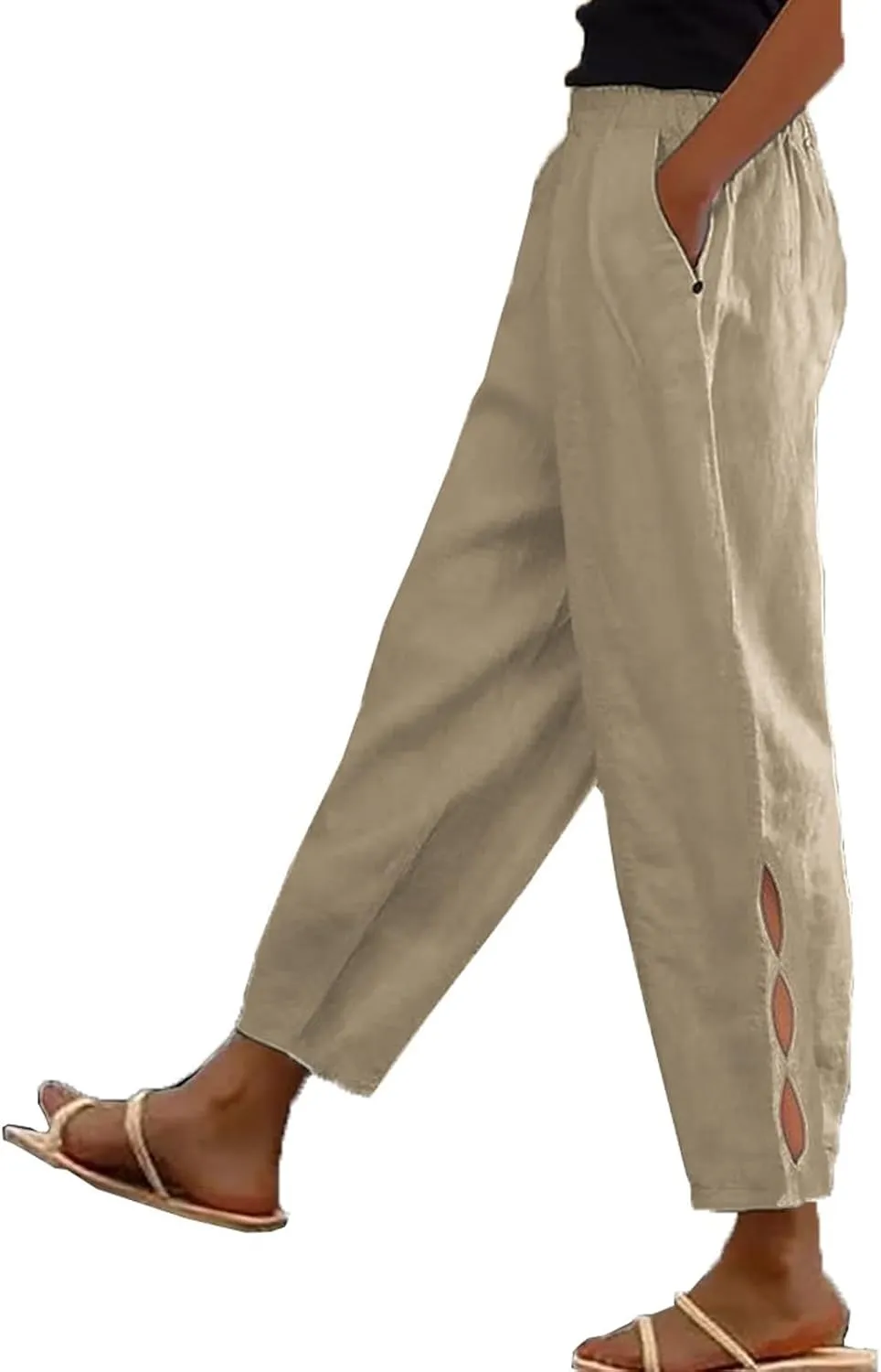 Womens Linen Harem Pants Hollow Elastic Waist Casual Beach Pants Summer Boho Baggy Wide Leg Trousers with Pockets