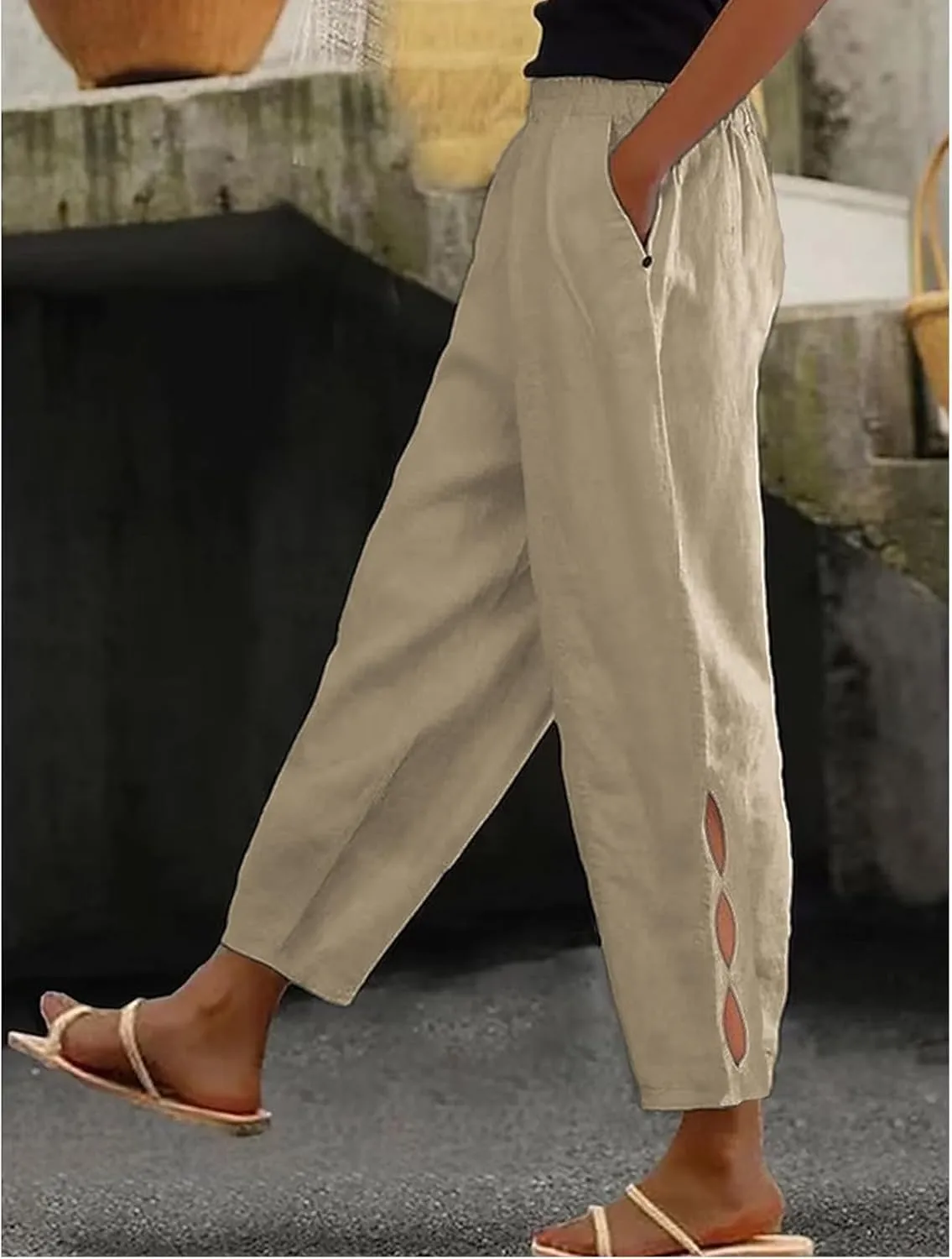 Womens Linen Harem Pants Hollow Elastic Waist Casual Beach Pants Summer Boho Baggy Wide Leg Trousers with Pockets
