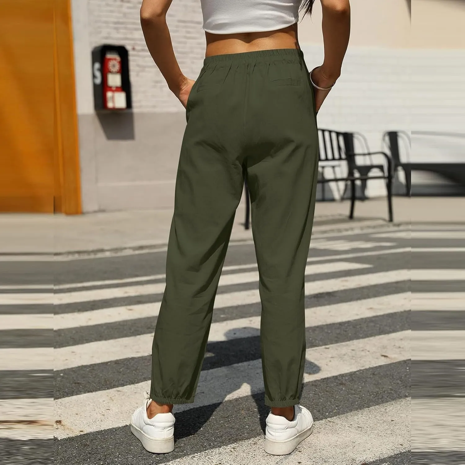 Womens Linen Pants 2025 Summer Casual Straight Dress High Elastic Waist Long Pants Casual Lounge Trousers Outfits