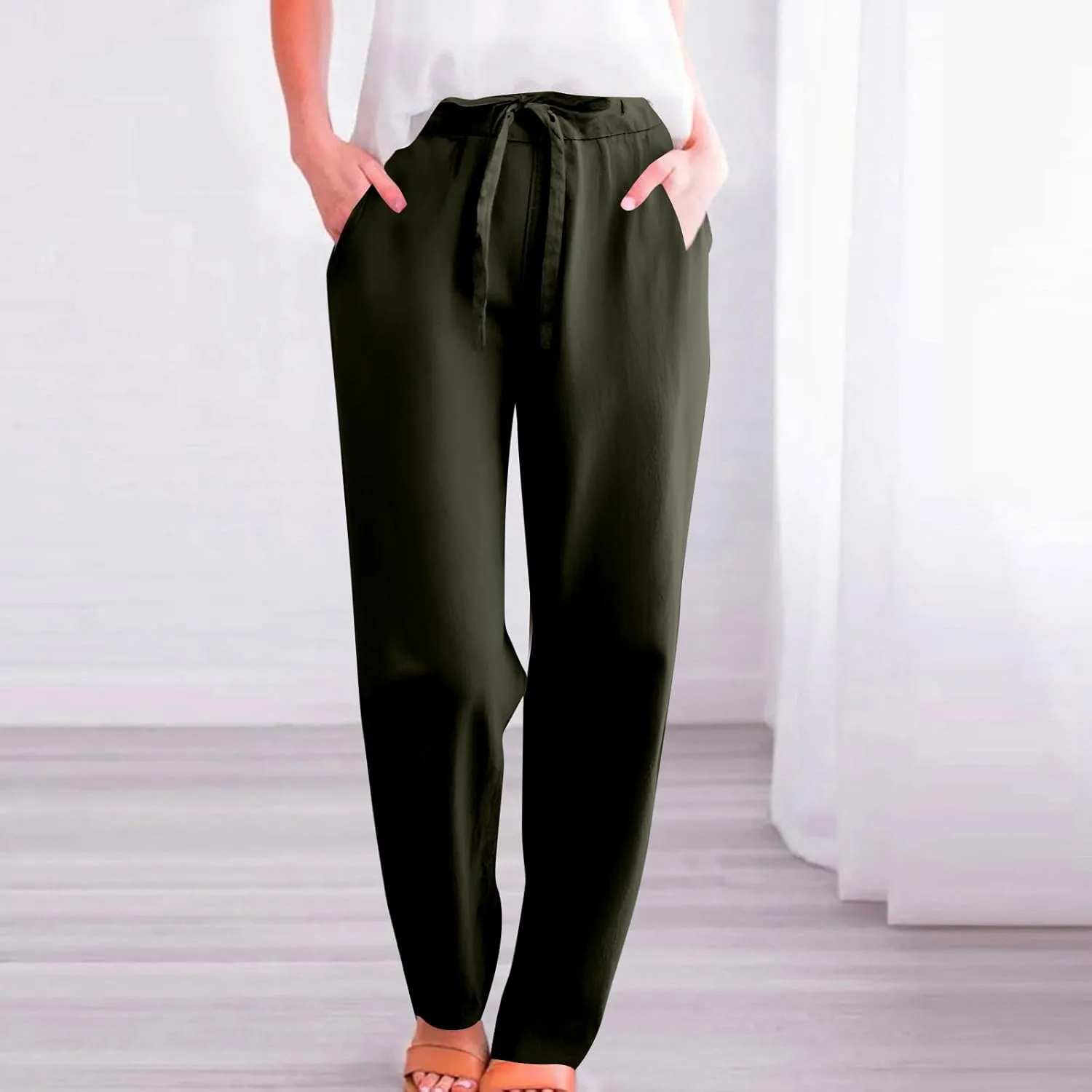 Womens Linen Pants 2025 Summer Casual Straight Dress High Elastic Waist Long Pants Casual Lounge Trousers Outfits