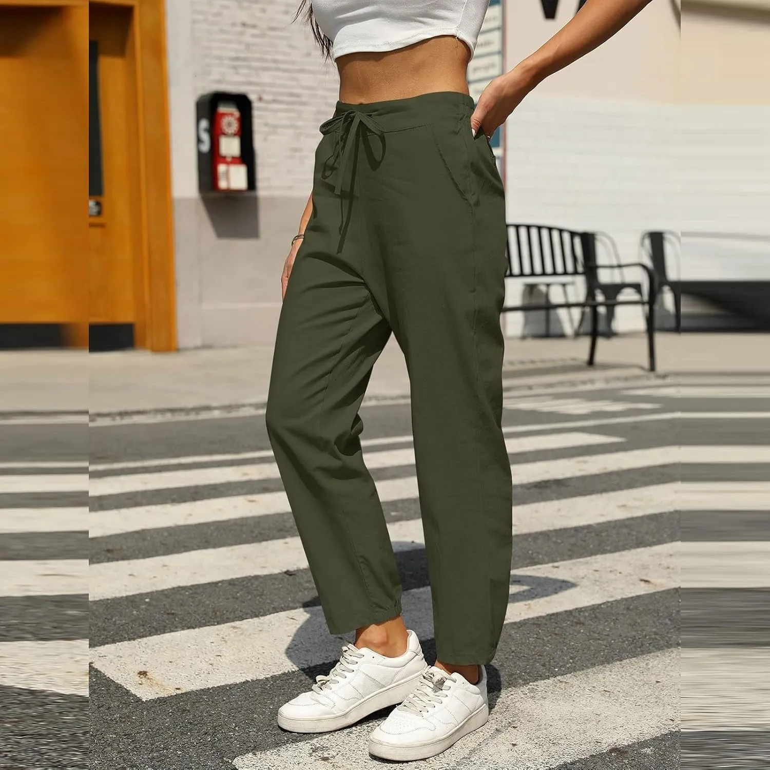 Womens Linen Pants 2025 Summer Casual Straight Dress High Elastic Waist Long Pants Casual Lounge Trousers Outfits