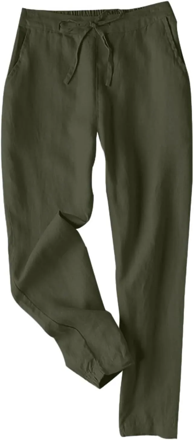 Womens Linen Pants 2025 Summer Casual Straight Dress High Elastic Waist Long Pants Casual Lounge Trousers Outfits