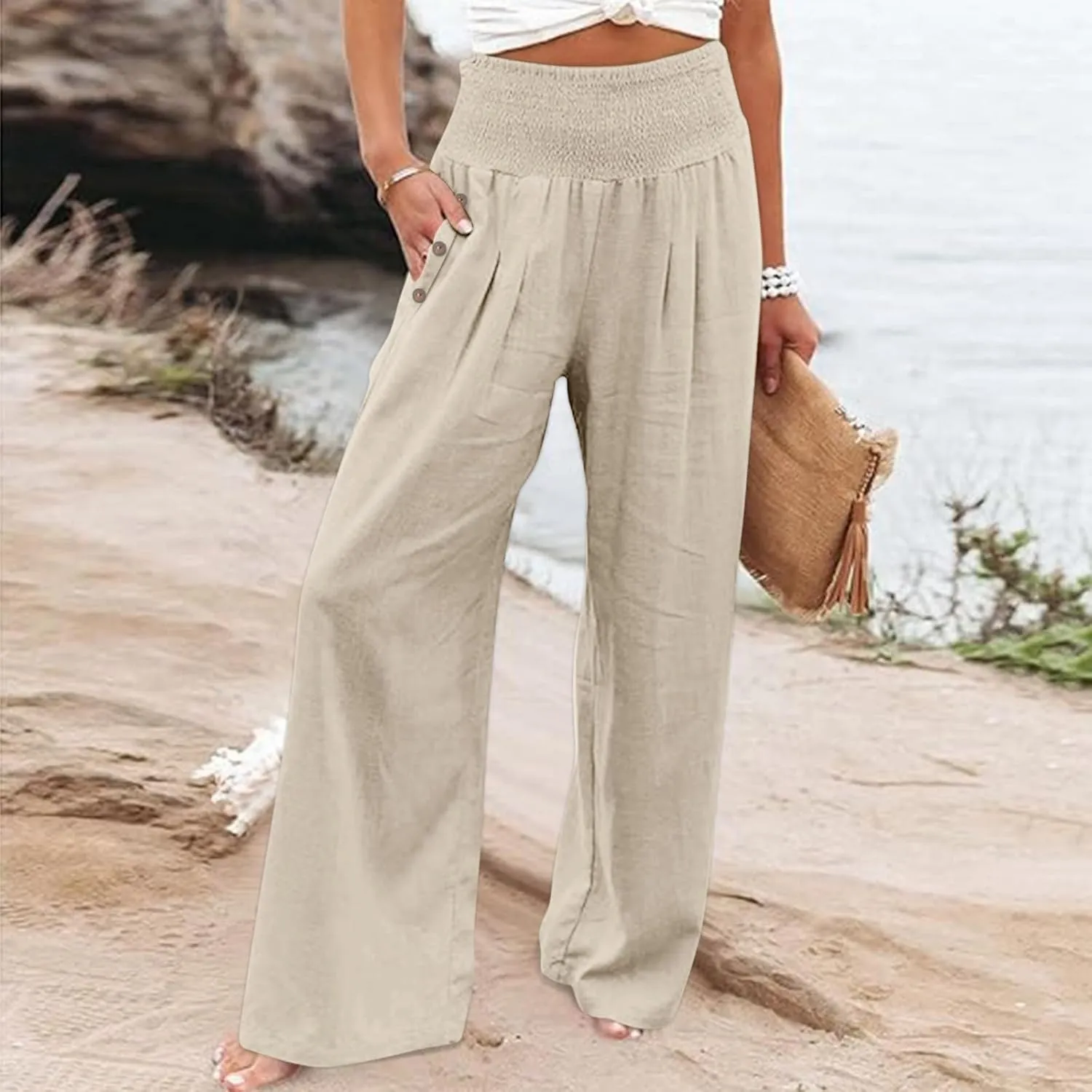 Womens Linen Pants 2025 Summer Casual Wide Leg Palazzo Pants Loose Smocked High Waist Work Slack Flowy Beach Trousers