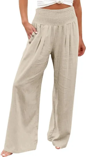 Womens Linen Pants 2025 Summer Casual Wide Leg Palazzo Pants Loose Smocked High Waist Work Slack Flowy Beach Trousers