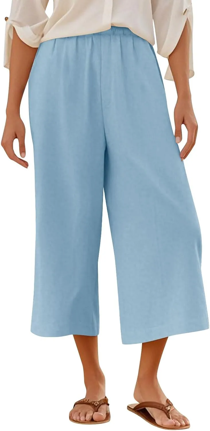Womens Linen Pants Plus Size Dressy Casual Wide Leg Pants Summer Flowy Baggy Drawstring Palazzo Trousers 2025