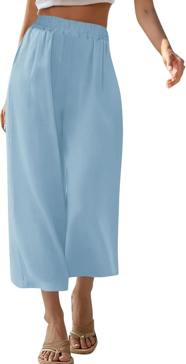 Womens Linen Pants Plus Size Dressy Casual Wide Leg Pants Summer Flowy Baggy Drawstring Palazzo Trousers 2025