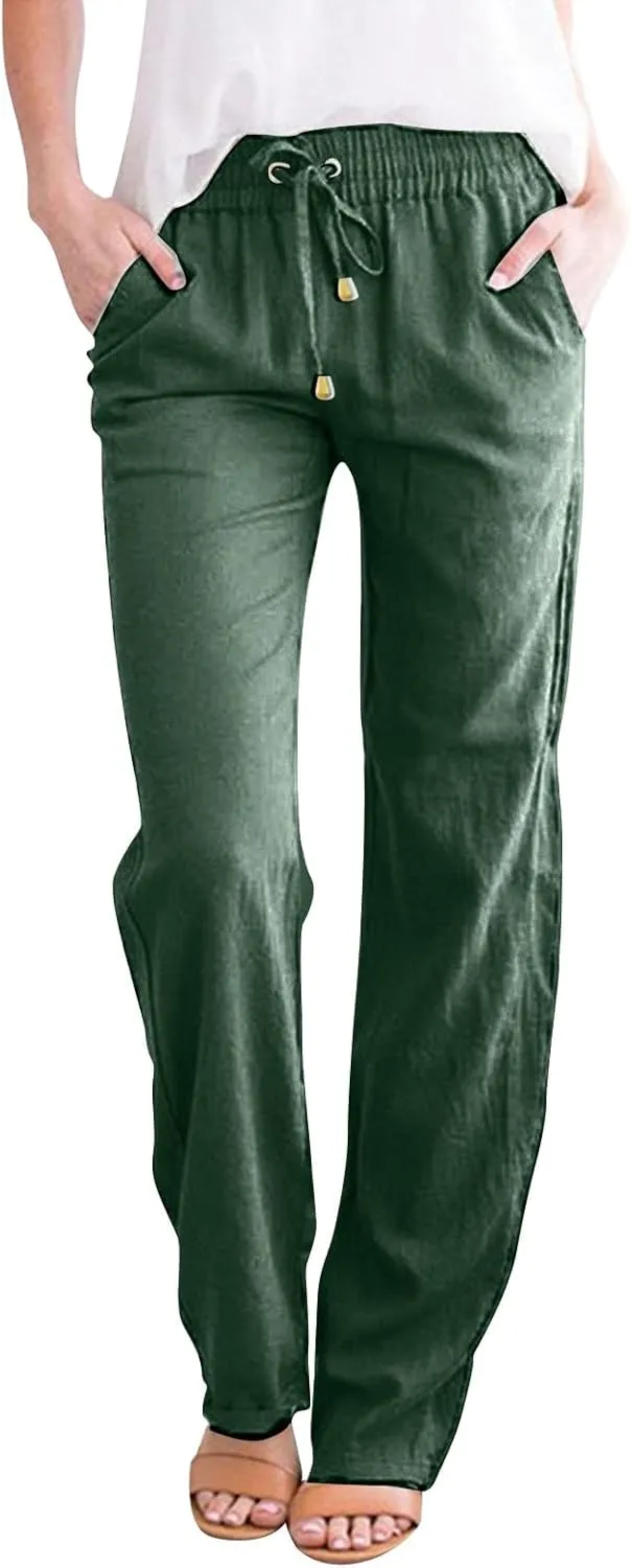 Womens Linen Pants Wide Leg Crop Pants Casual Elastic Waisted Women's Summer Linen Pants Trousers with Pocket