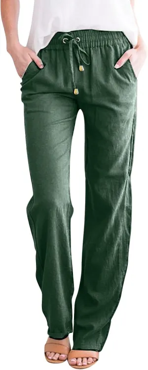 Womens Linen Pants Wide Leg Crop Pants Casual Elastic Waisted Women's Summer Linen Pants Trousers with Pocket