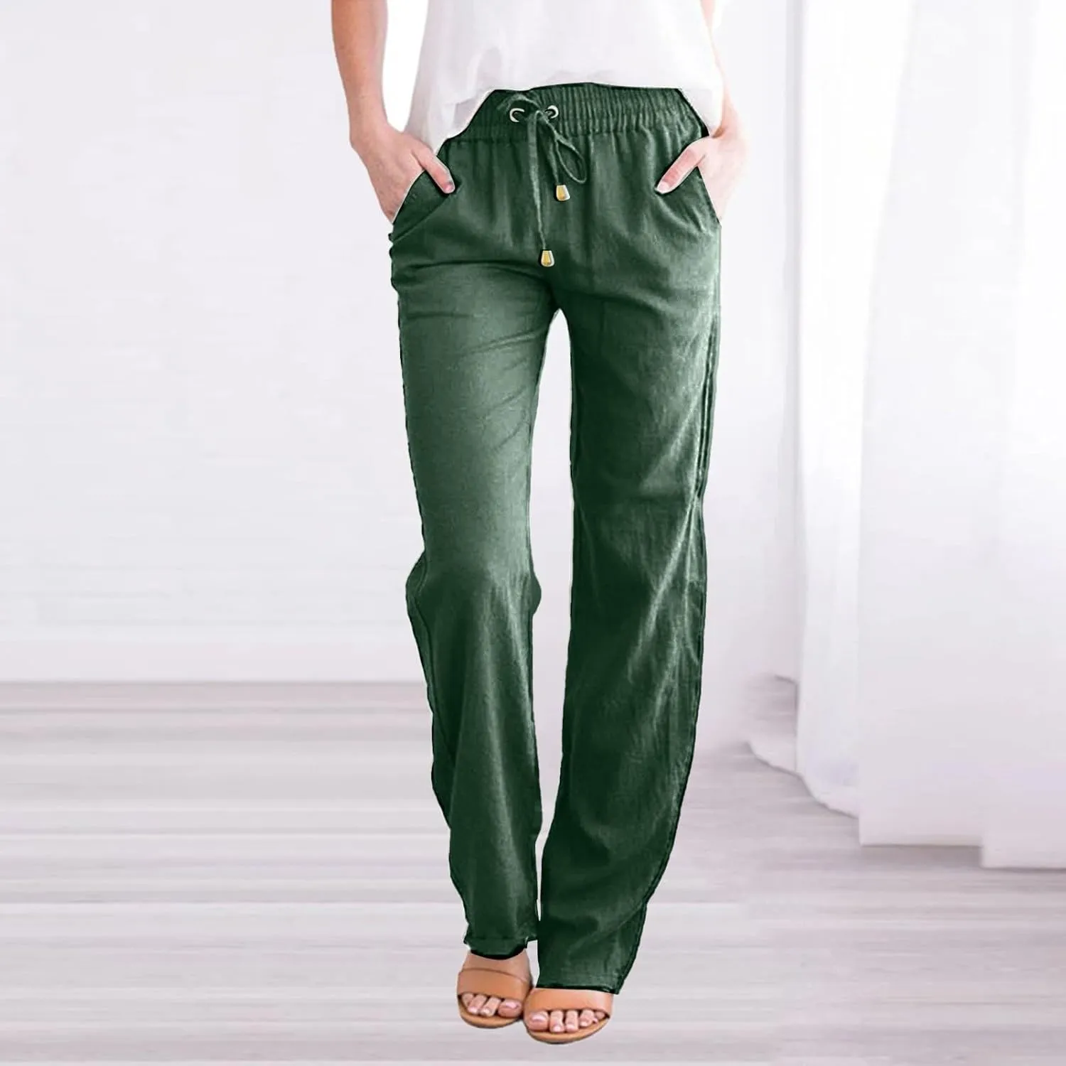 Womens Linen Pants Wide Leg Crop Pants Casual Elastic Waisted Women's Summer Linen Pants Trousers with Pocket