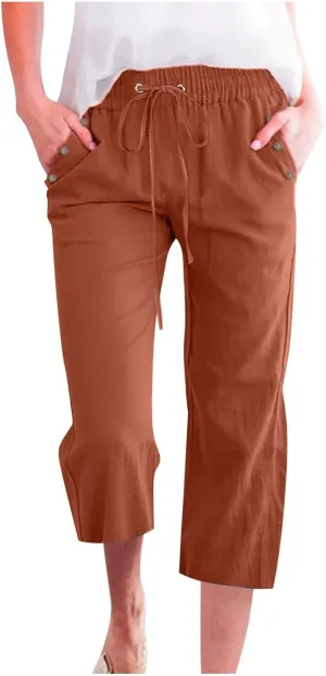 Womens Linen Striped Capris Summer Capri Pants 2025 Summer 2025 Wide Leg Loose Drawstring Elastic Waist Cropped Trouser