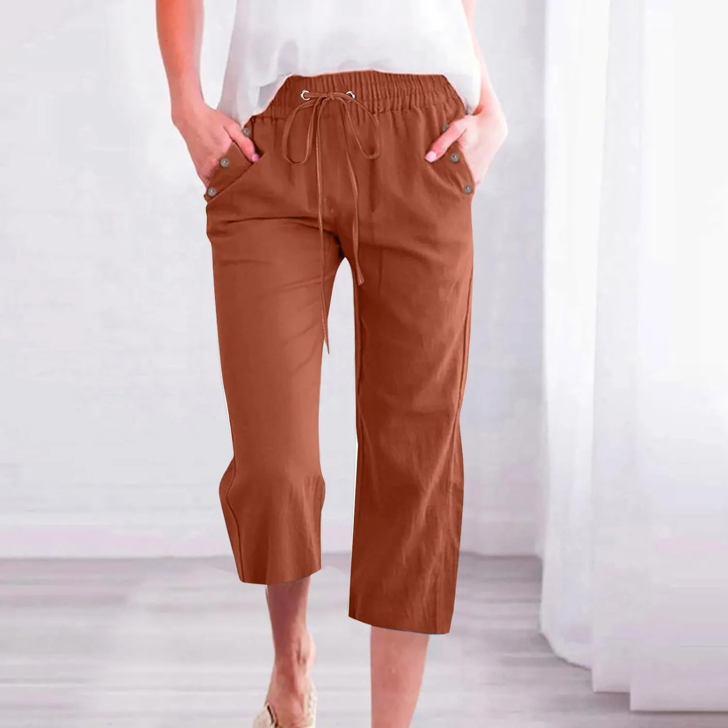 Womens Linen Striped Capris Summer Capri Pants 2025 Summer 2025 Wide Leg Loose Drawstring Elastic Waist Cropped Trouser