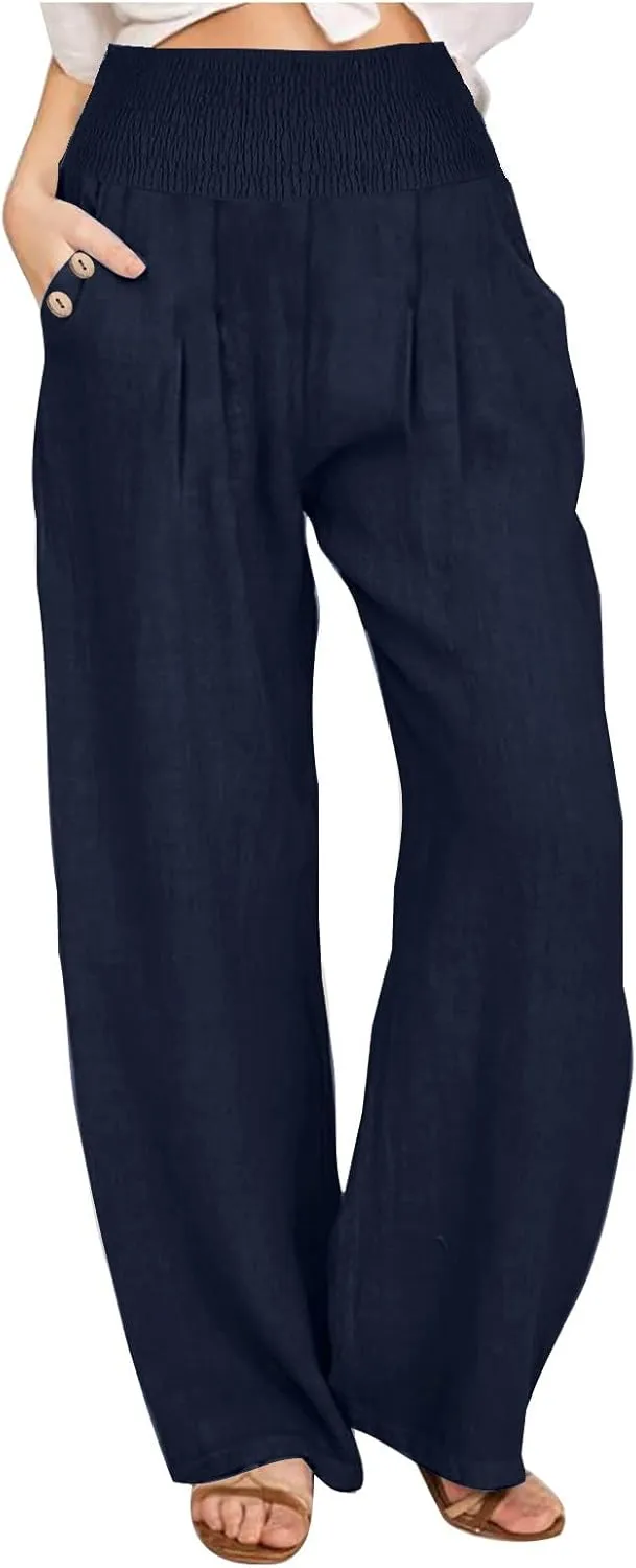 Women's Linen Summer Pants Loose Wide Leg Pants Elastic High Waist Pants Fashion Solid Color Trousers with Pockets