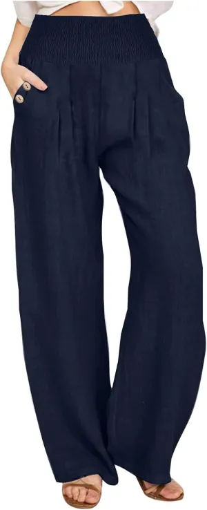 Women's Linen Summer Pants Loose Wide Leg Pants Elastic High Waist Pants Fashion Solid Color Trousers with Pockets