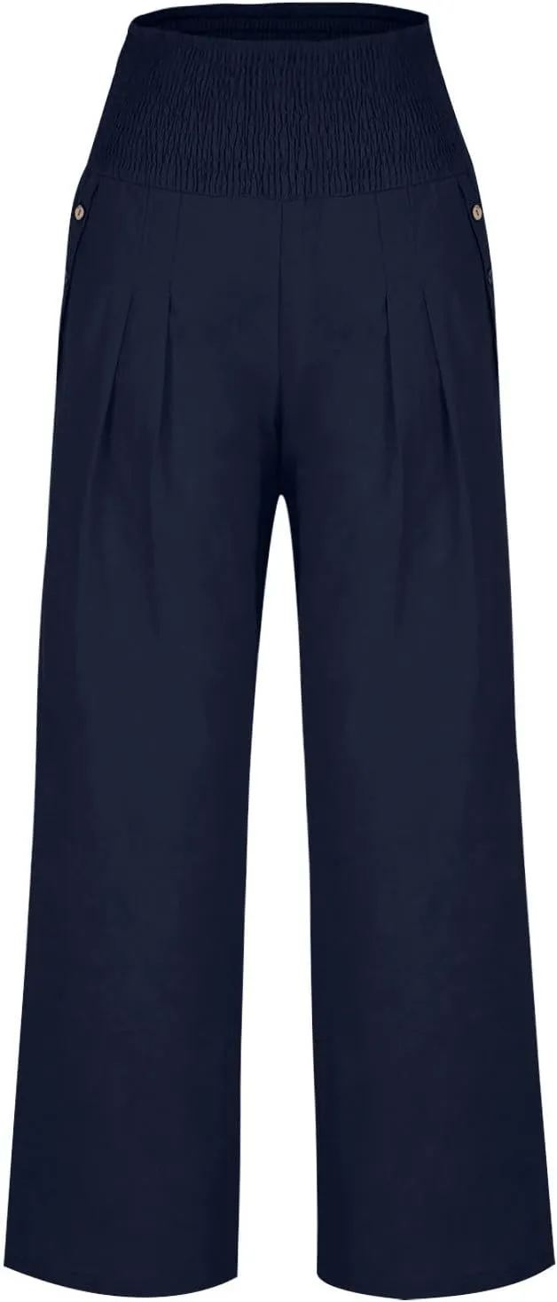 Women's Linen Summer Pants Loose Wide Leg Pants Elastic High Waist Pants Fashion Solid Color Trousers with Pockets