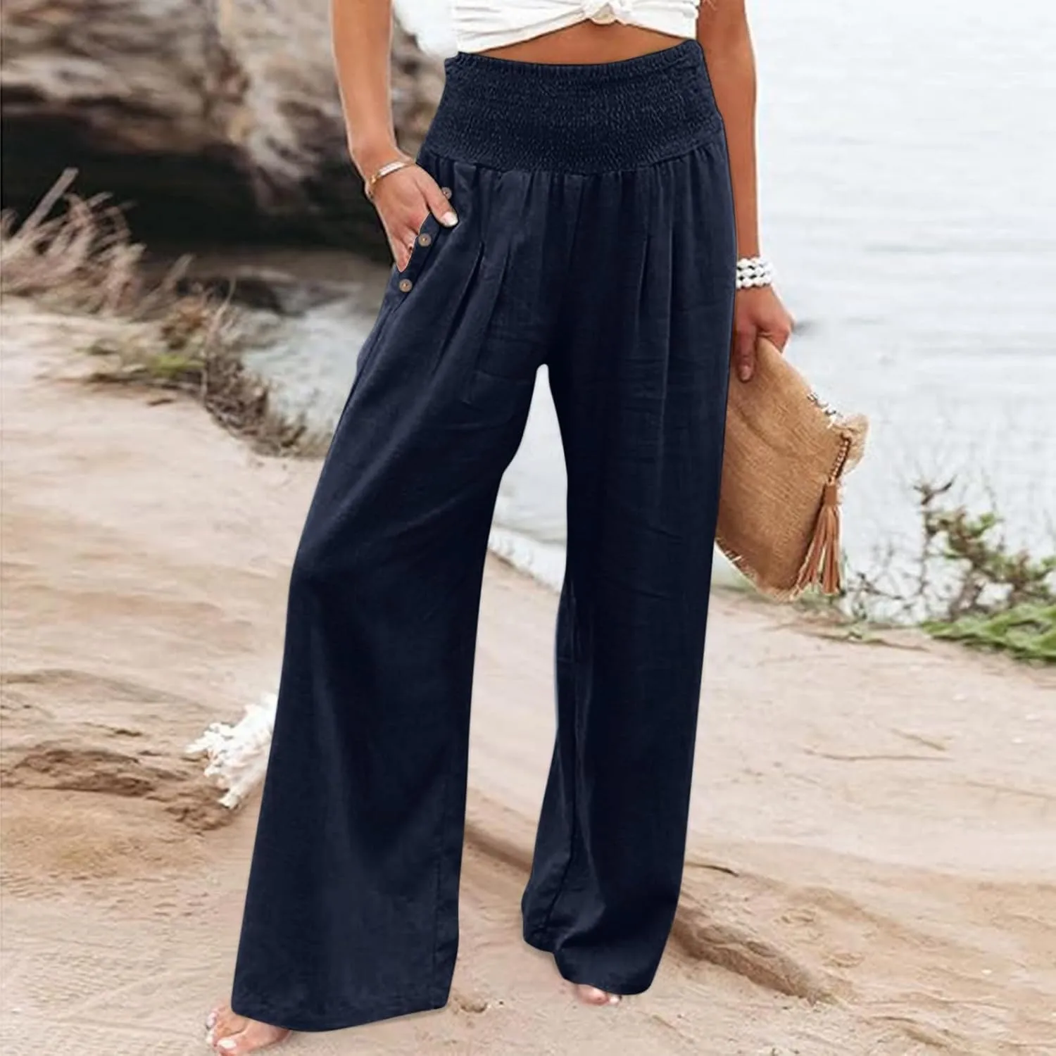 Women's Linen Summer Pants Loose Wide Leg Pants Elastic High Waist Pants Fashion Solid Color Trousers with Pockets