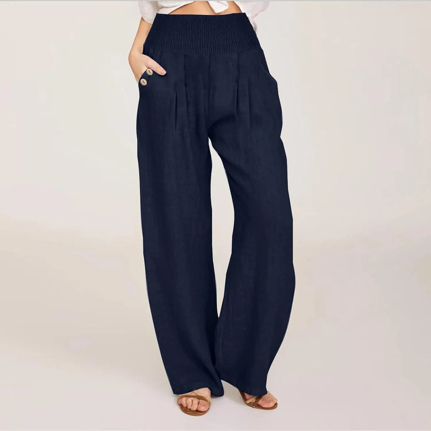 Women's Linen Summer Pants Loose Wide Leg Pants Elastic High Waist Pants Fashion Solid Color Trousers with Pockets