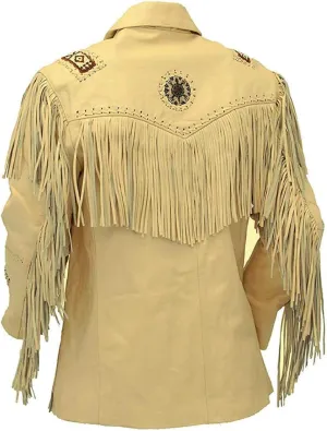 Womens Native Western Cowgirl Beads Fringe Cream Leather Jacket