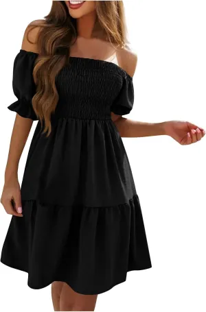 Women's Off The Shoulder Summer Dresses 2025 Short Puff Sleeve Ruffle Elastic Waist A-Line Smocked Casual Mini Dress