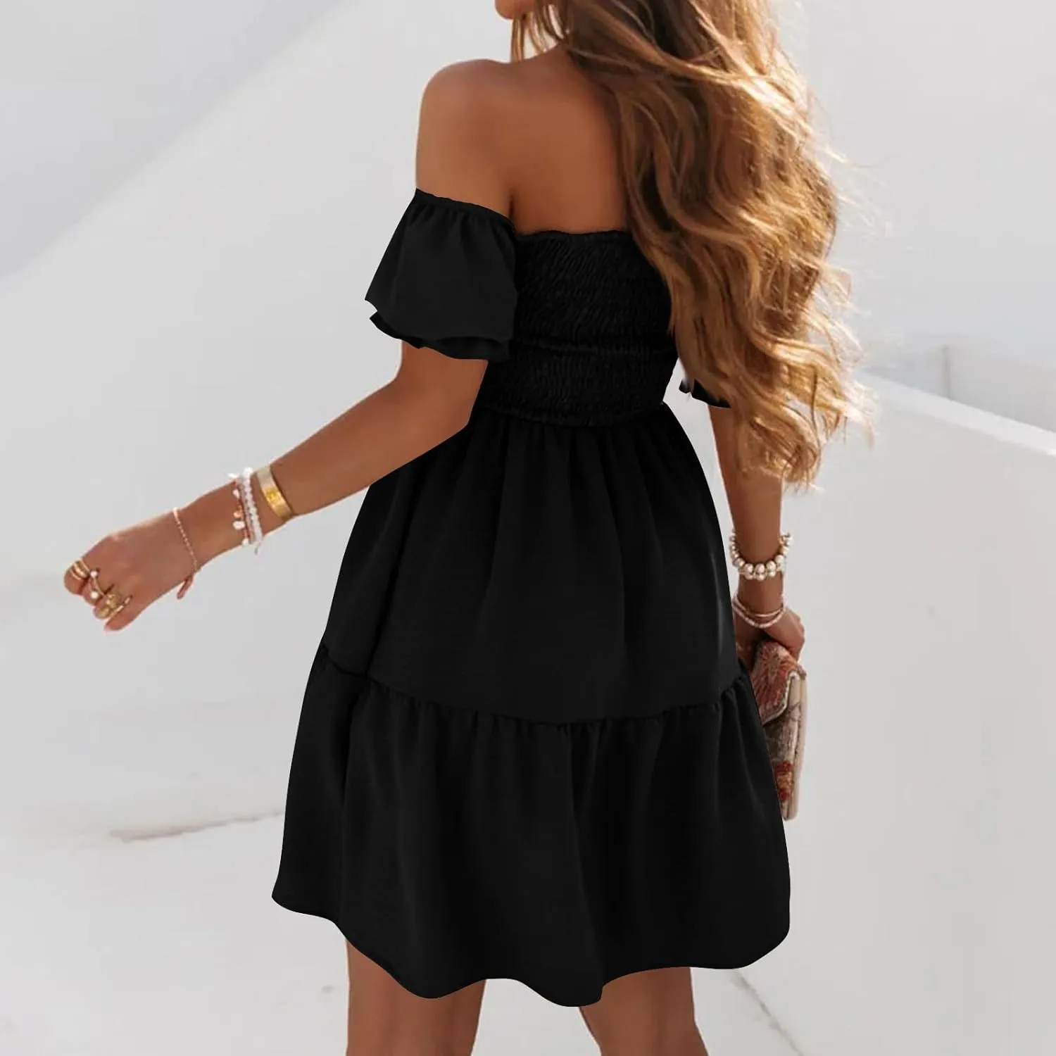Women's Off The Shoulder Summer Dresses 2025 Short Puff Sleeve Ruffle Elastic Waist A-Line Smocked Casual Mini Dress