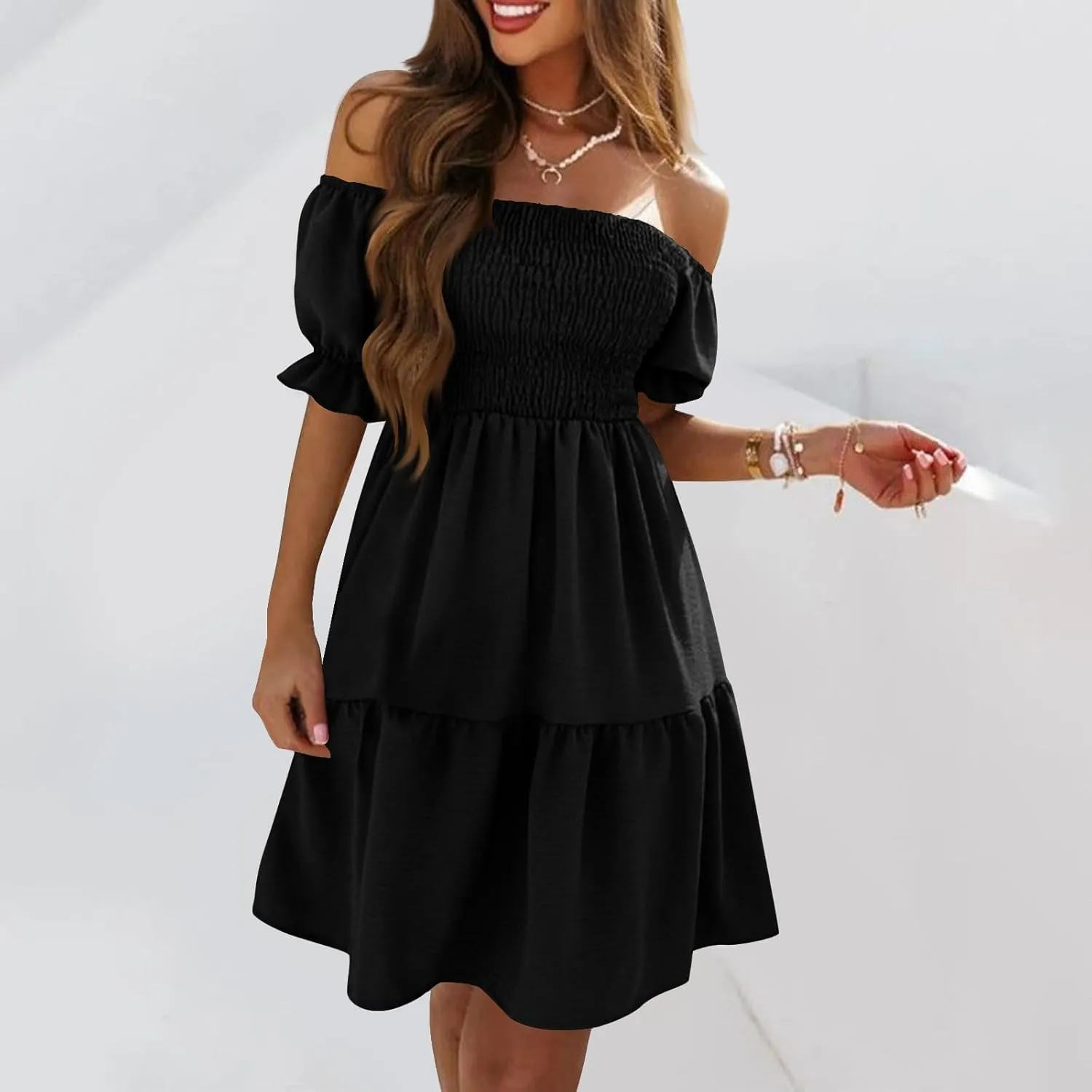 Women's Off The Shoulder Summer Dresses 2025 Short Puff Sleeve Ruffle Elastic Waist A-Line Smocked Casual Mini Dress