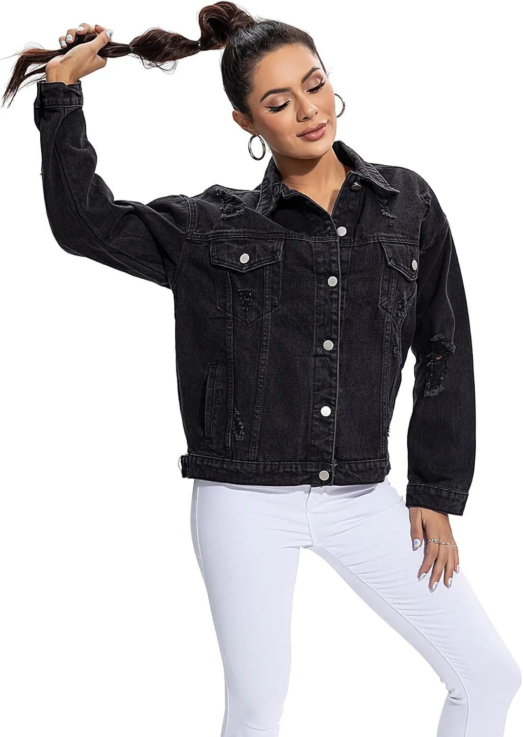 Women's Oversized Denim Jacket Casual Long Boyfriend Distresse Jean Jacket Autumn Spring Jean Trucker Jackets