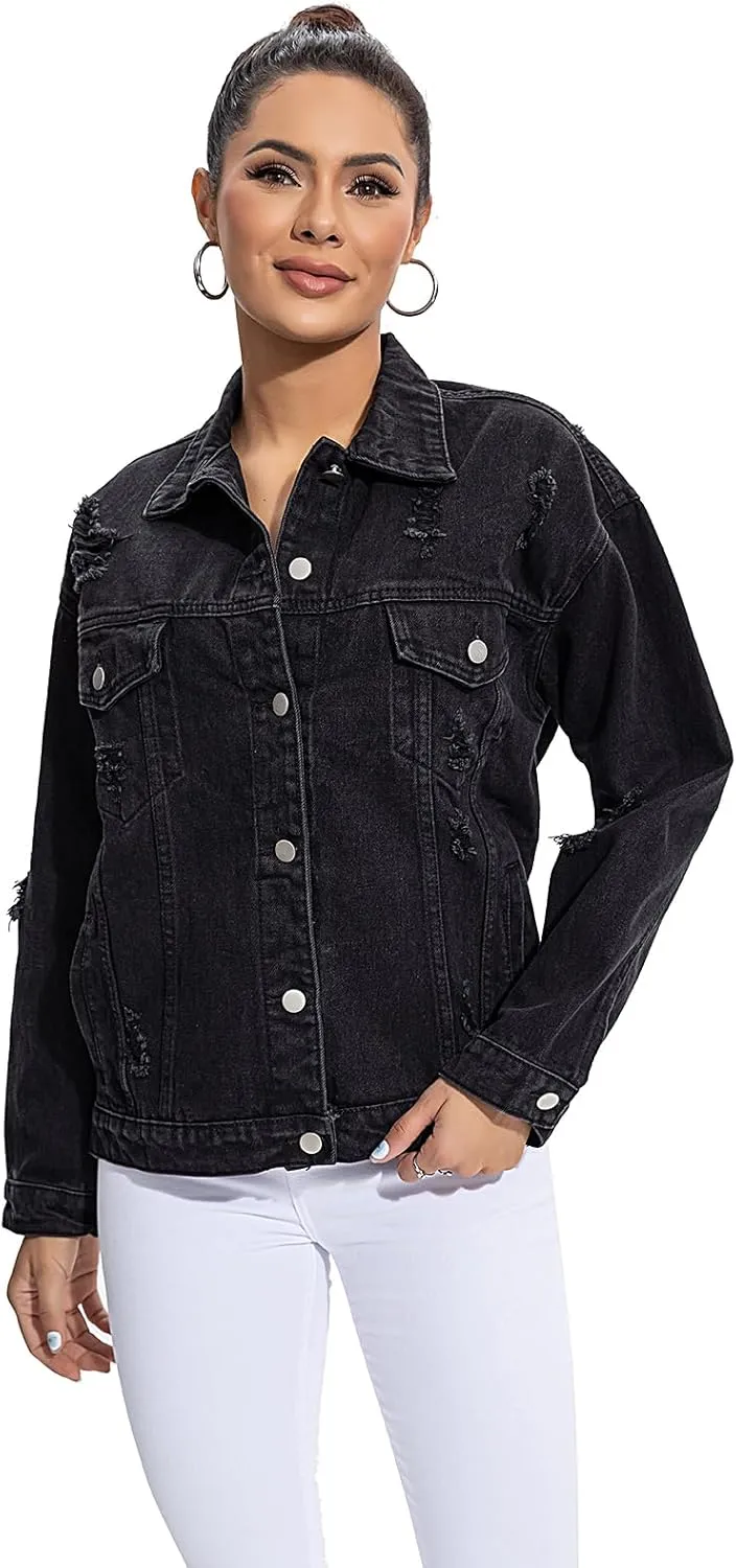 Women's Oversized Denim Jacket Casual Long Boyfriend Distresse Jean Jacket Autumn Spring Jean Trucker Jackets