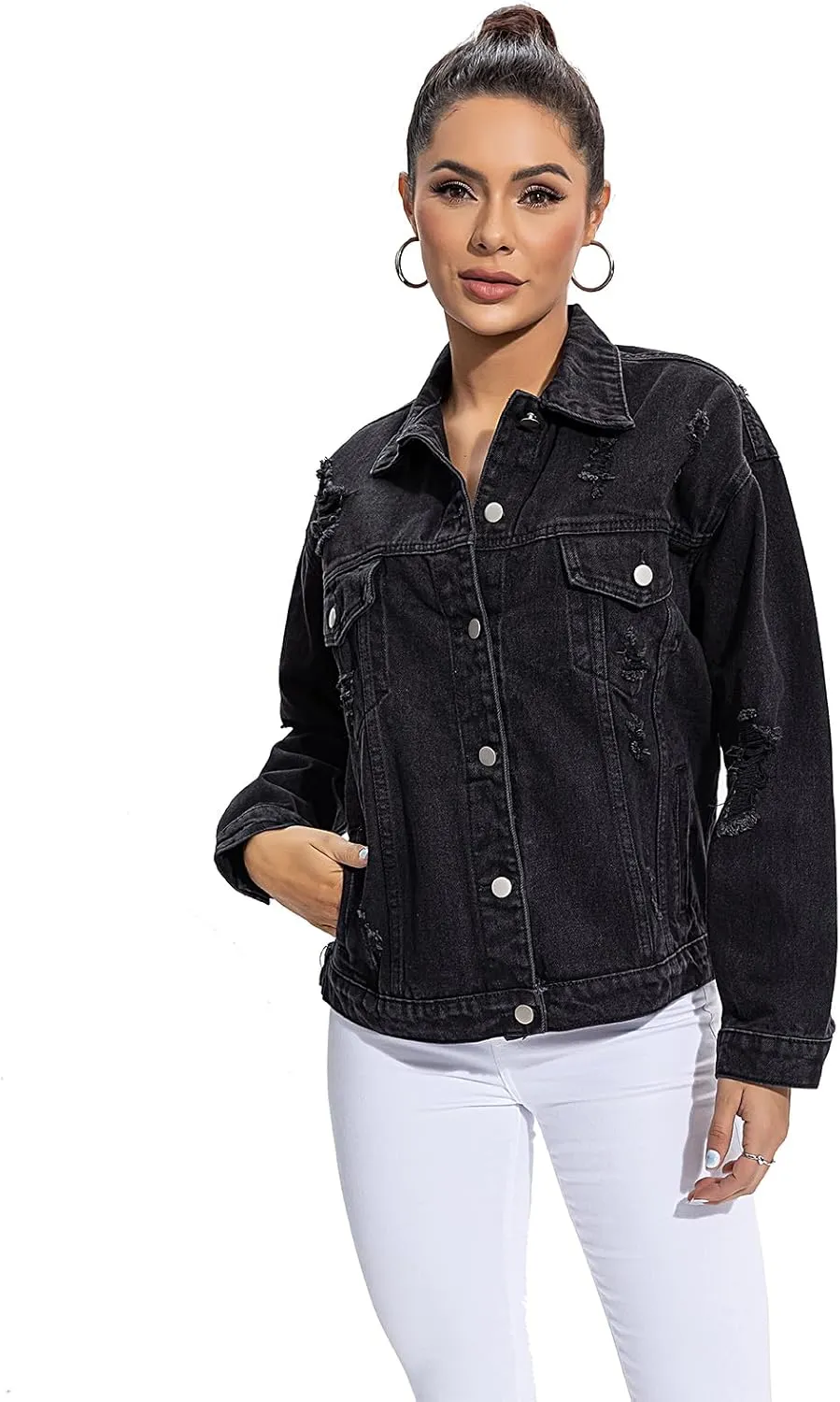 Women's Oversized Denim Jacket Casual Long Boyfriend Distresse Jean Jacket Autumn Spring Jean Trucker Jackets