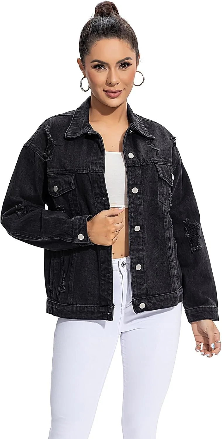 Women's Oversized Denim Jacket Casual Long Boyfriend Distresse Jean Jacket Autumn Spring Jean Trucker Jackets