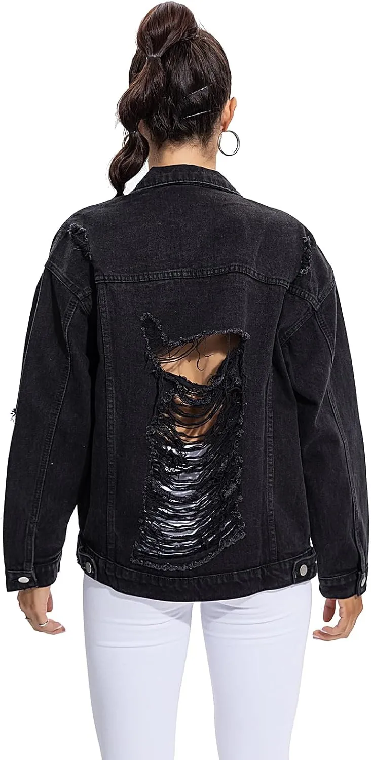 Women's Oversized Denim Jacket Casual Long Boyfriend Distresse Jean Jacket Autumn Spring Jean Trucker Jackets